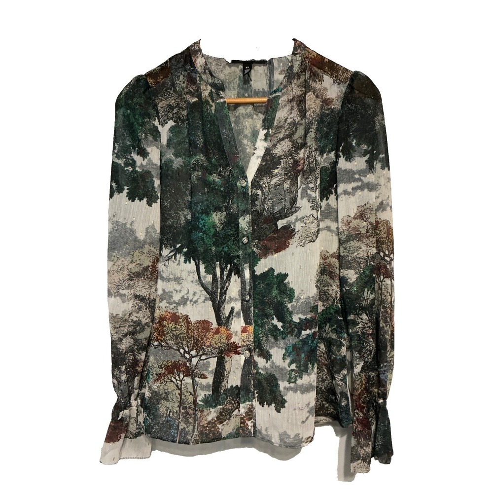 WHBM Women's Sheer Blouse Size XS Green Nature Print Artsy Romantic Resortwear